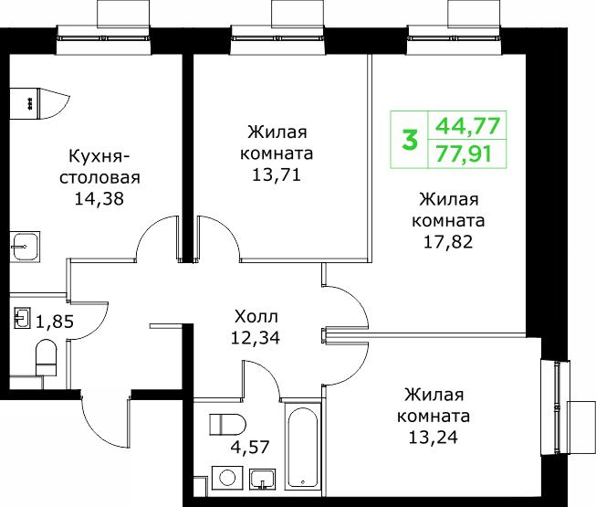3-комнатная 77 м2 в ЖК Кит корпус null этаж 13