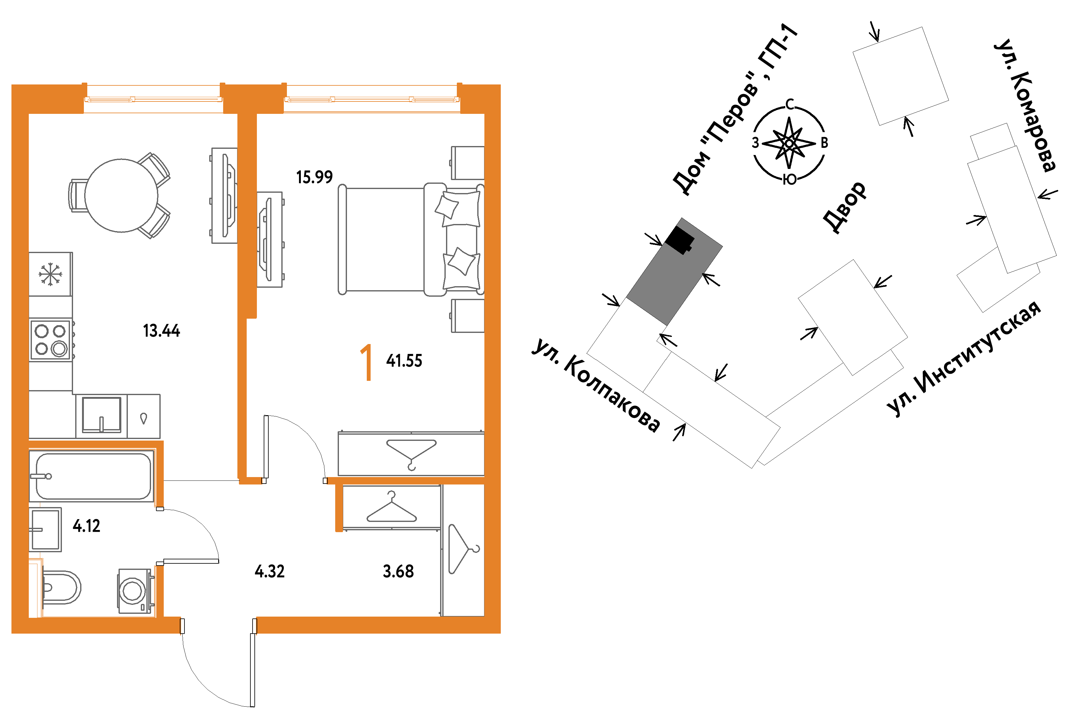 1-комнатная 41 м2 в ЖК Страна.Парковая корпус null этаж 8