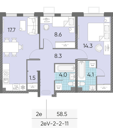 2-комнатная 58 м2 в ЖК ЛУЧИ корпус null этаж 5
