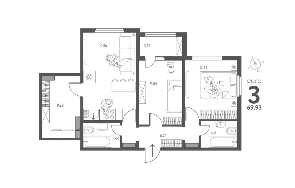 2-комнатная 69.9 м2 в ЖК undefined корпус null этаж 8
