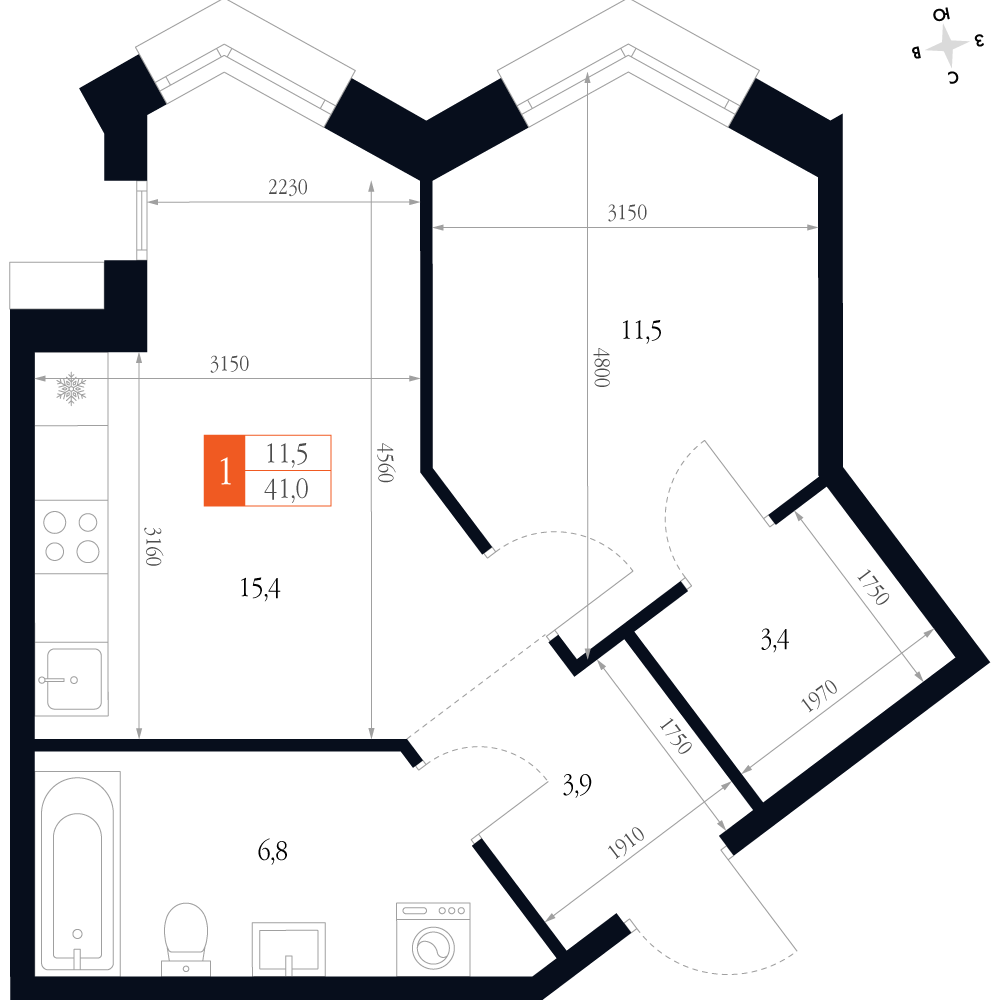 1-комнатная 41 м2 в ЖК Фордевинд корпус null этаж 14