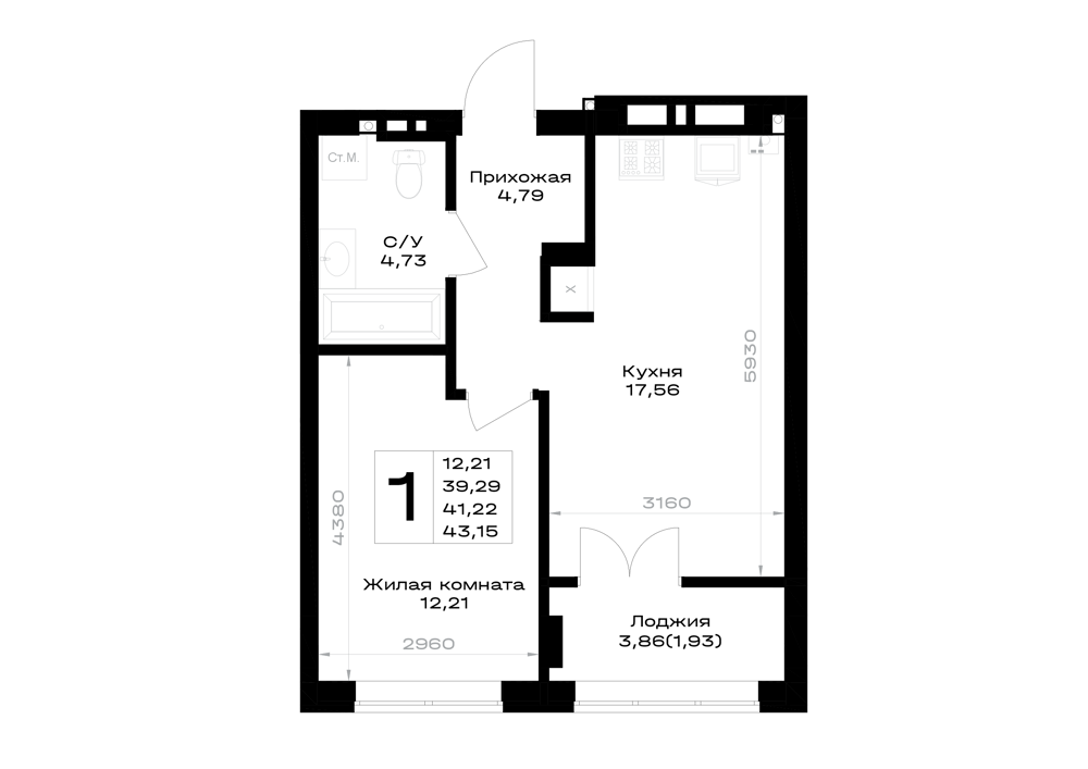 1-комнатная 41 м2 в ЖК Включи корпус null этаж 2