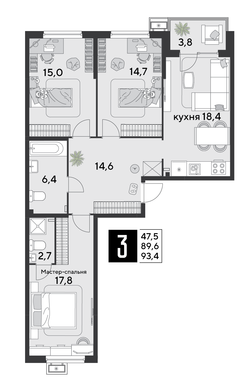 3-комнатная 93 м2 в ЖК Парк Победы 2 корпус null этаж 2