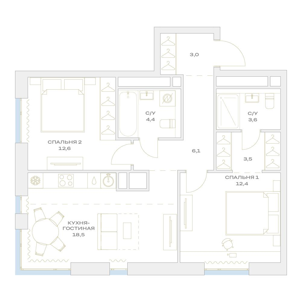 3-комнатная 64 м2 в ЖК Детали корпус null этаж 18