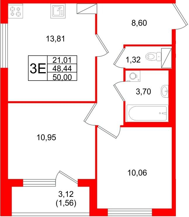 2-комнатная 50 м2 в ЖК Квартал Заречье корпус null этаж 6