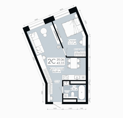 2-комнатная 43.3 м2 в ЖК undefined корпус null этаж 15