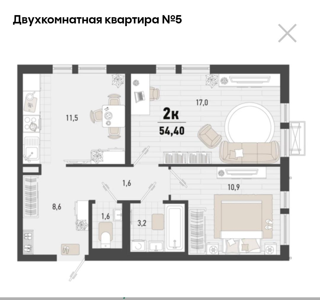 2-комнатная 54.4 м2 в ЖК undefined корпус null этаж 2