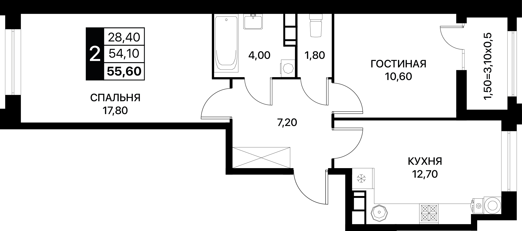 2-комнатная 55 м2 в ЖК Сияние корпус null этаж 6