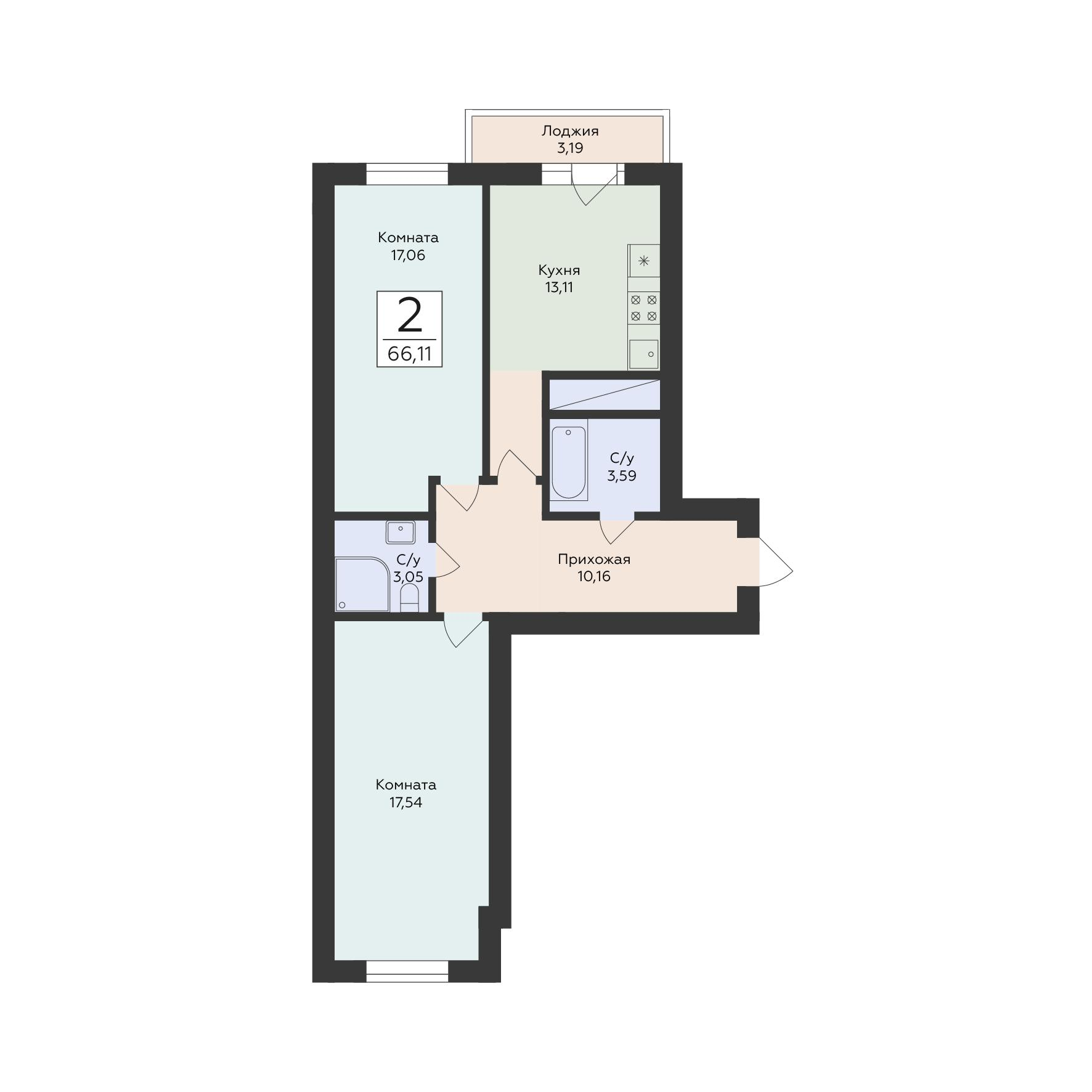 2-комнатная 66 м2 в ЖК Юность корпус null этаж 10