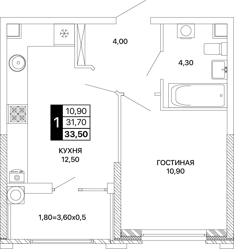 1-комнатная 33 м2 в ЖК Сияние корпус null этаж 2