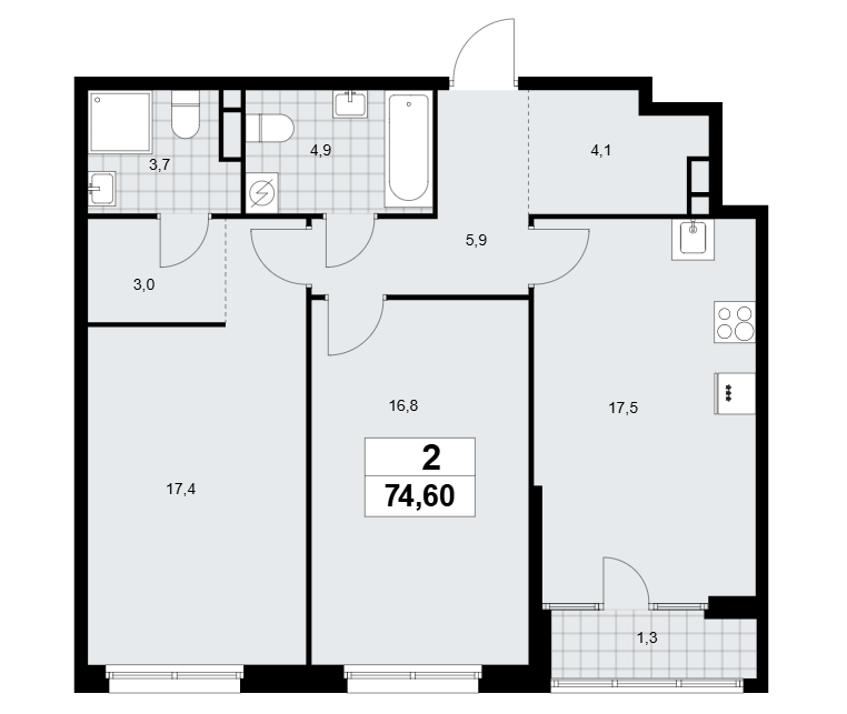 3-комнатная 74.6 м2 в ЖК undefined корпус null этаж 3