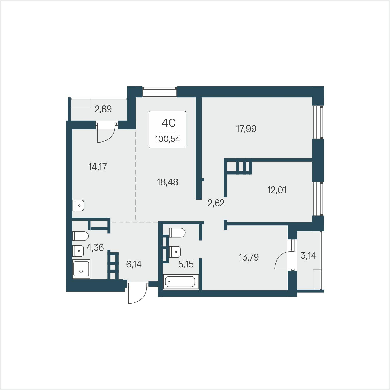 4-комнатная 100 м2 в ЖК Расцветай в Солнечном корпус null этаж 14