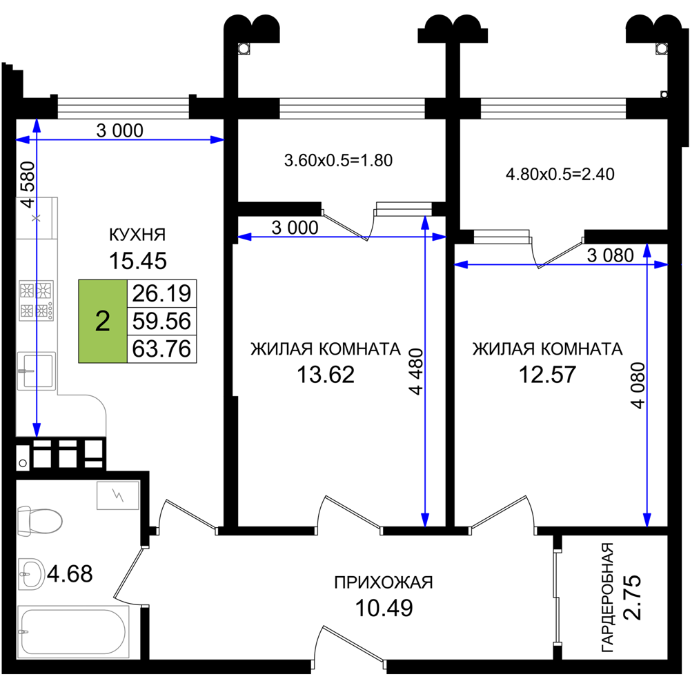 2-комнатная 63 м2 в ЖК Резиденция морей корпус null этаж 4
