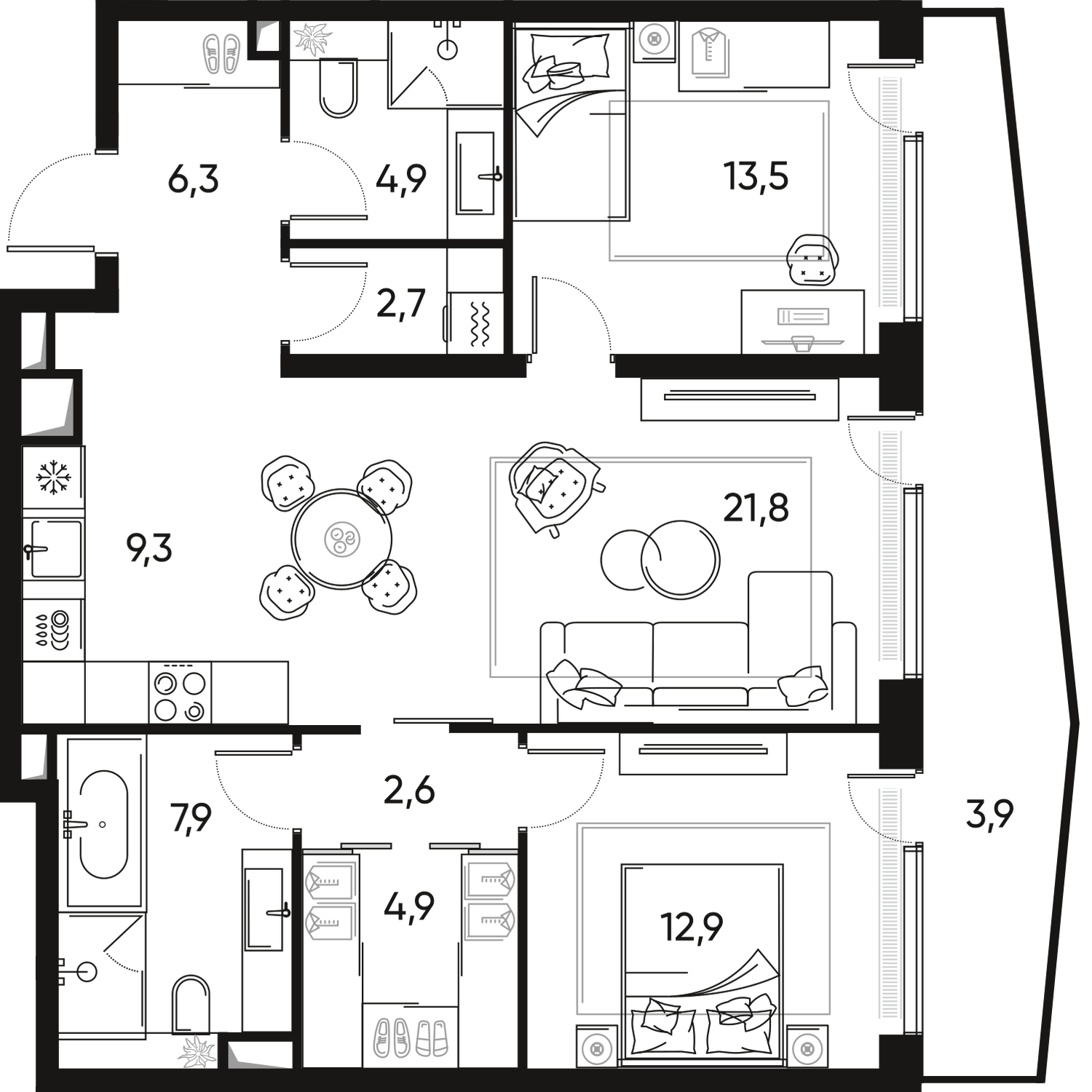 3-комнатная 90 м2 в ЖК Pride корпус null этаж 9