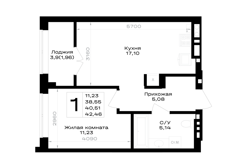 1-комнатная 40 м2 в ЖК Включи корпус null этаж 7