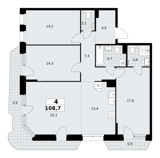 4-комнатная 108 м2 в ЖК Прокшино корпус null этаж 7
