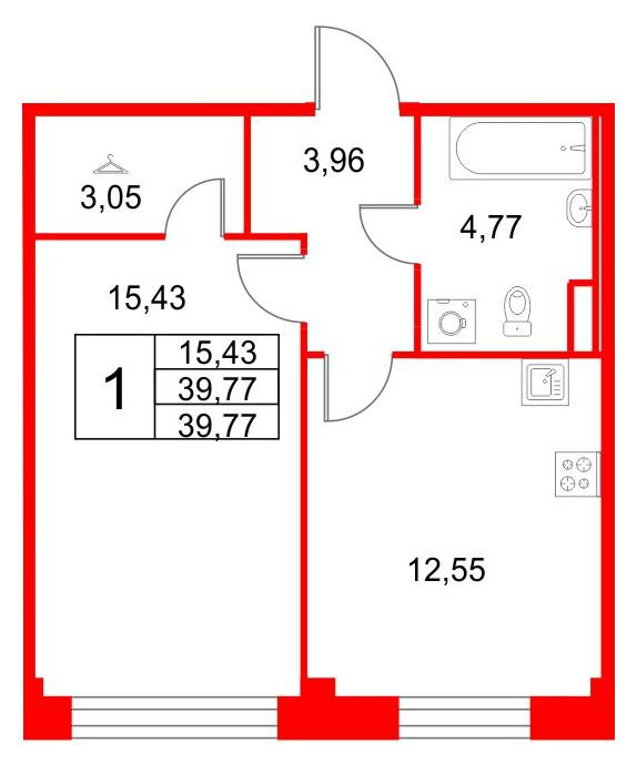 1-комнатная 39 м2 в ЖК Кронфорт. Центральный корпус null этаж 1