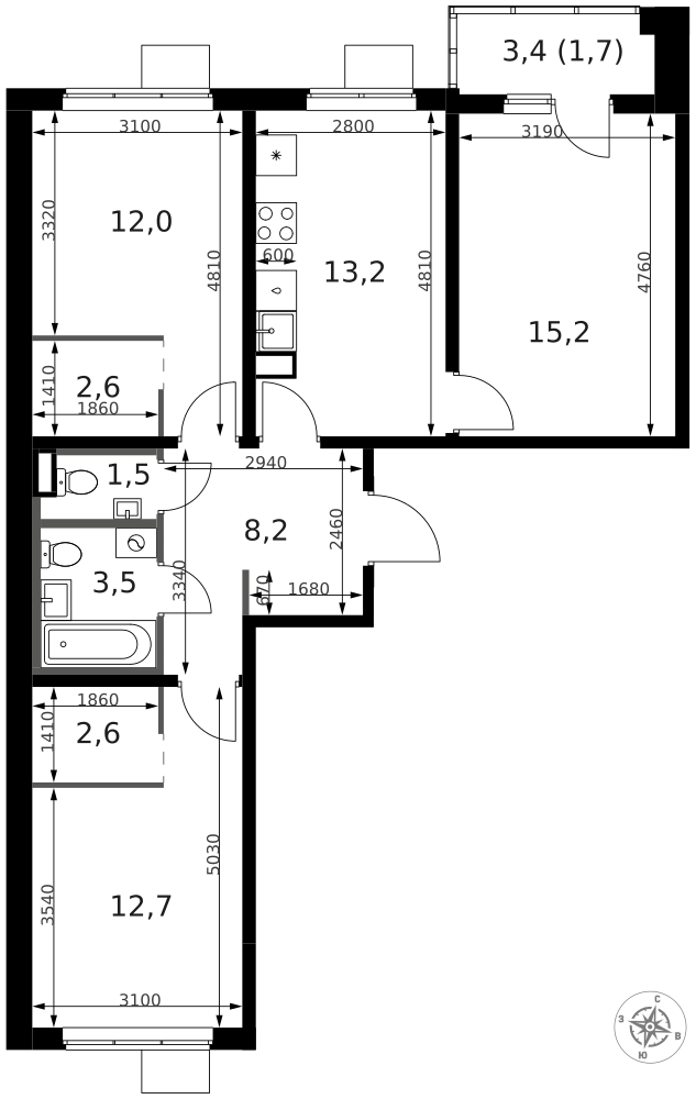 3-комнатная 74 м2 в ЖК 1-й Ясеневский корпус null этаж 3