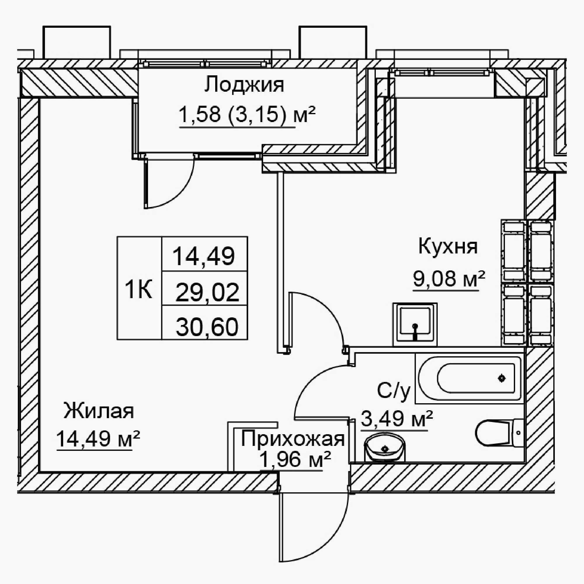 1-комнатная 30 м2 в ЖК Сталь корпус null этаж 15