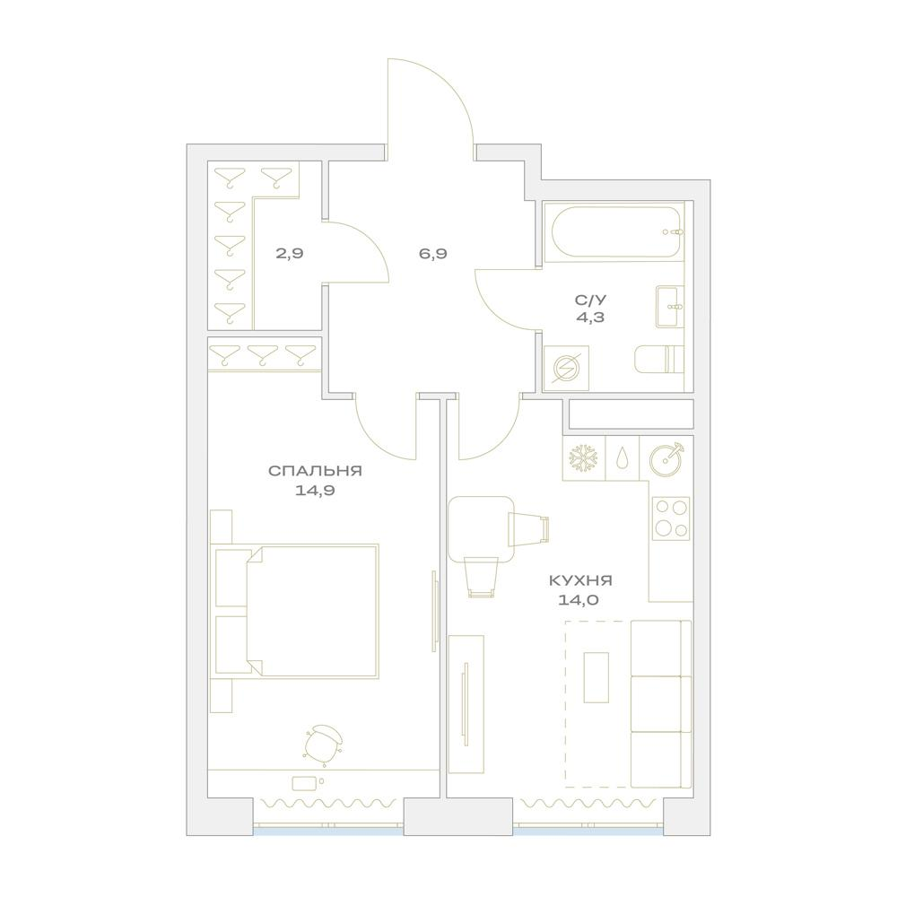 1-комнатная 43 м2 в ЖК Детали корпус null этаж 14