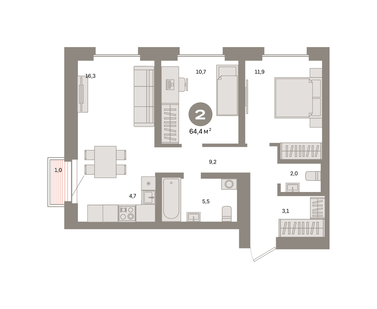 2-комнатная 64 м2 в ЖК Метроном корпус null этаж 14