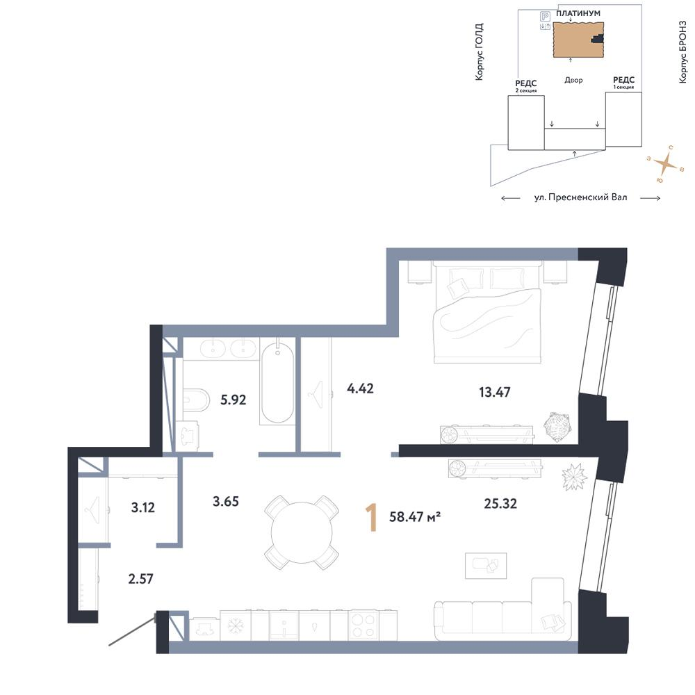 1-комнатная 58 м2 в ЖК Republic корпус null этаж 10