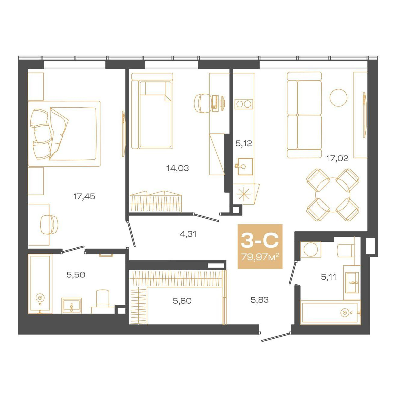 3-комнатная 79 м2 в ЖК Пульсар корпус null этаж 24