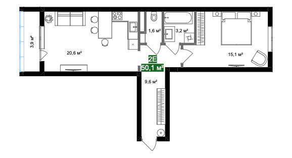 2-комнатная 50.1 м2 в ЖК undefined корпус null этаж 6