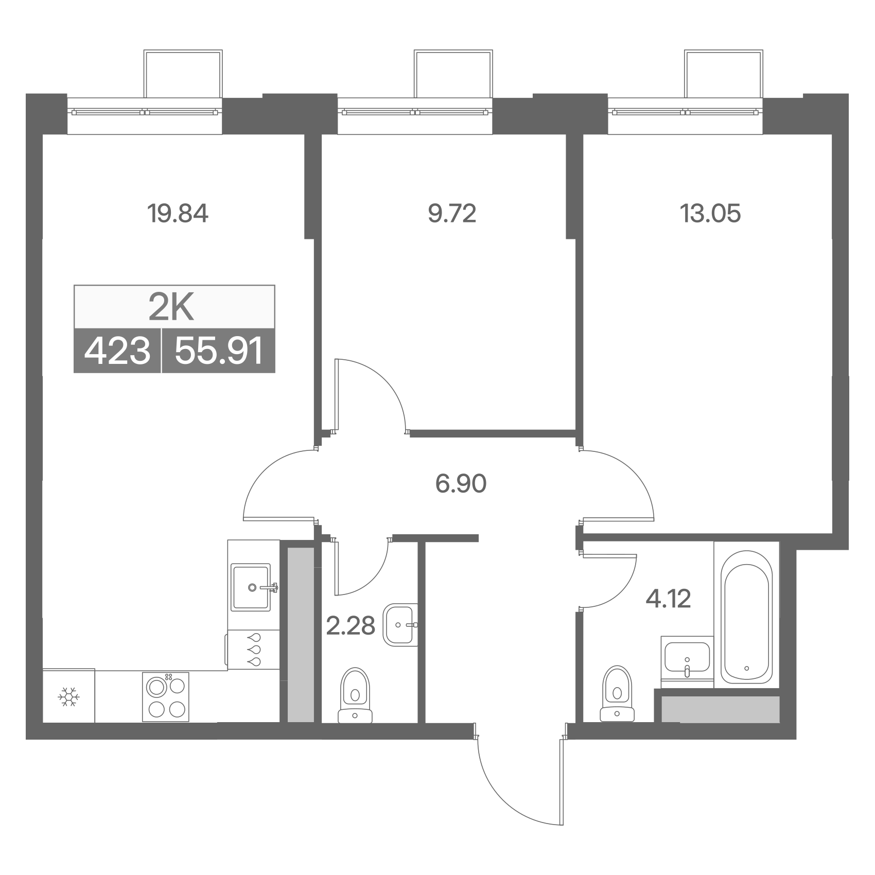 2-комнатная 55 м2 в ЖК Новая Жизнь - Львовская корпус null этаж 13