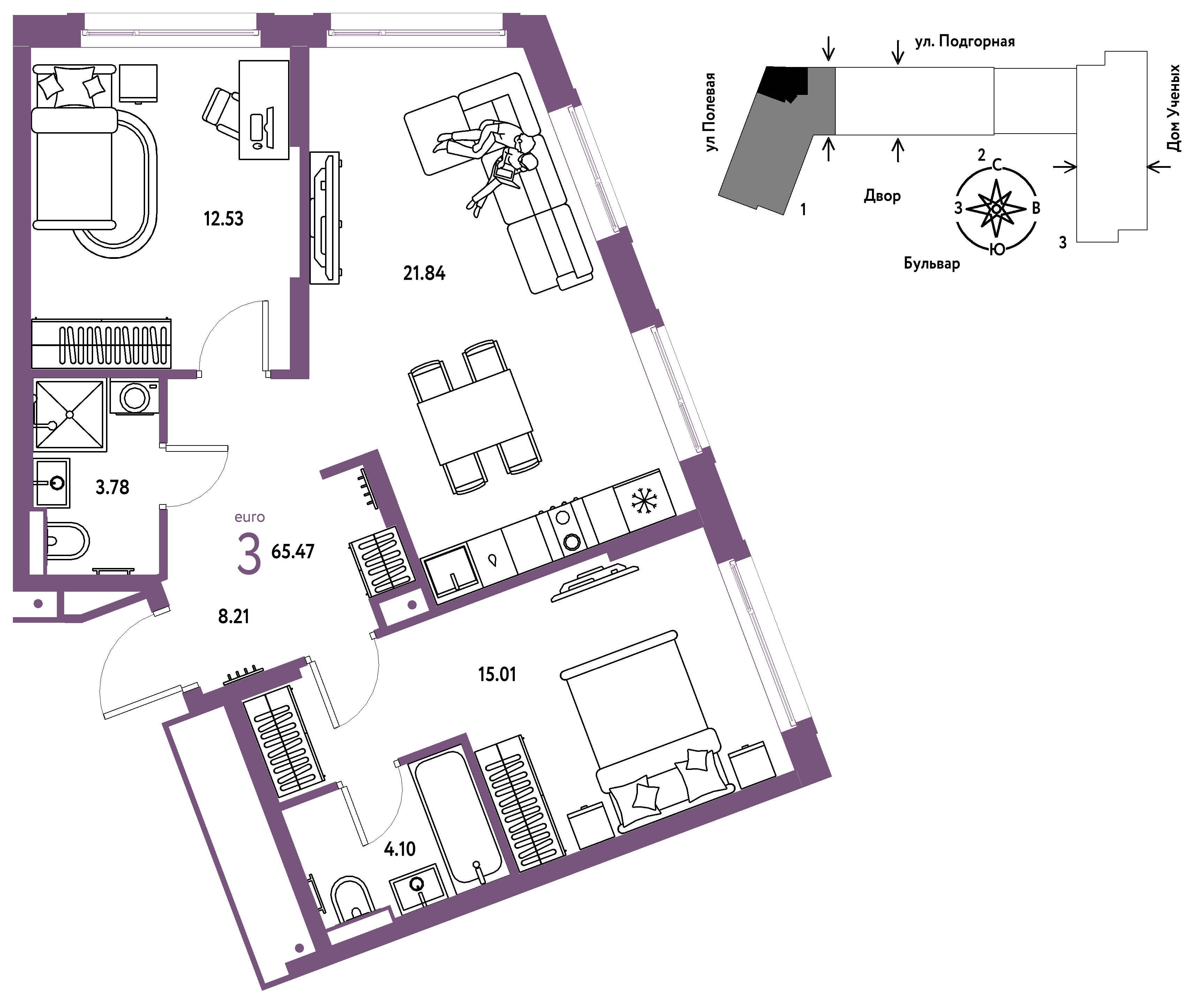 3-комнатная 65 м2 в ЖК Авторский корпус null этаж 12