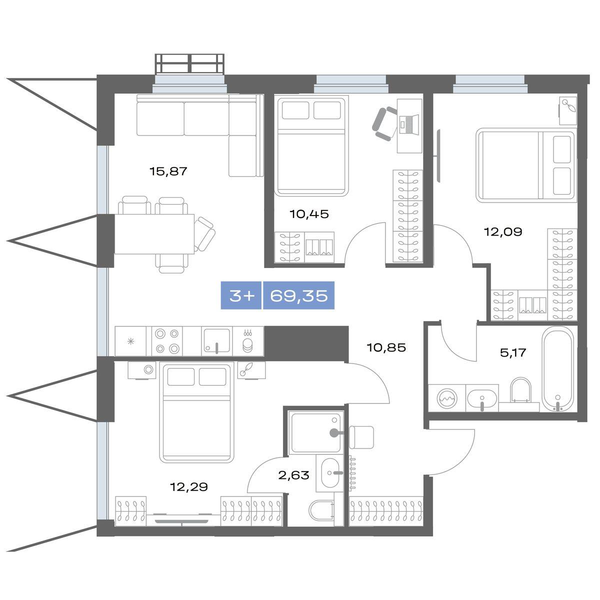 3-комнатная 68 м2 в ЖК Толк Медный корпус null этаж 23