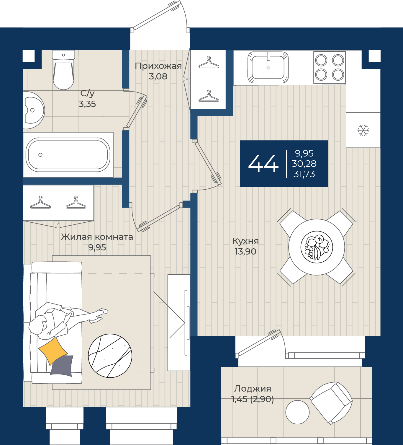 1-комнатная 31 м2 в ЖК Чехова корпус null этаж 4