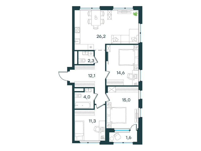 3-комнатная 87 м2 в ЖК Level Лесной корпус null этаж 12