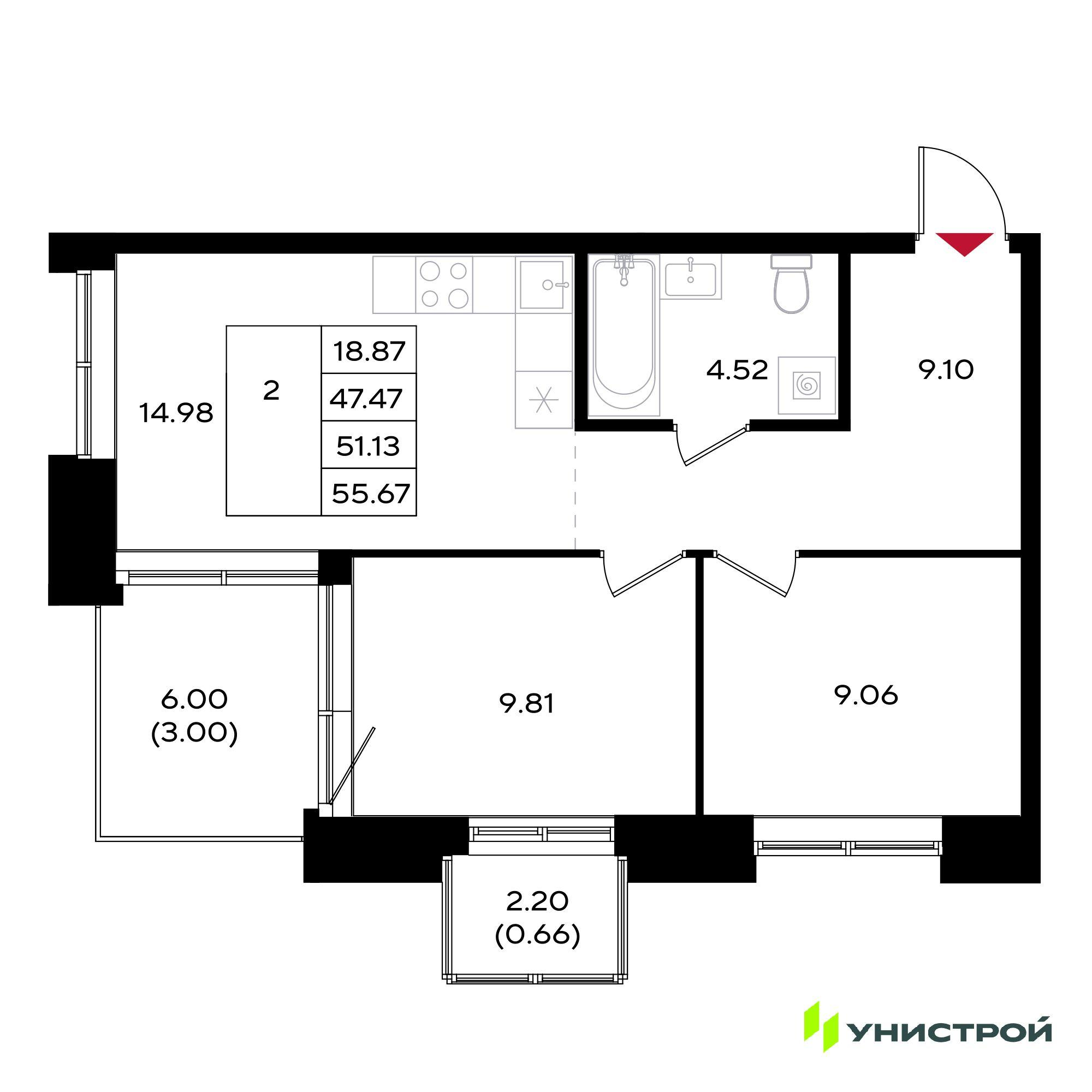 2-комнатная 51 м2 в ЖК Уникум на Энгельса корпус null этаж 13