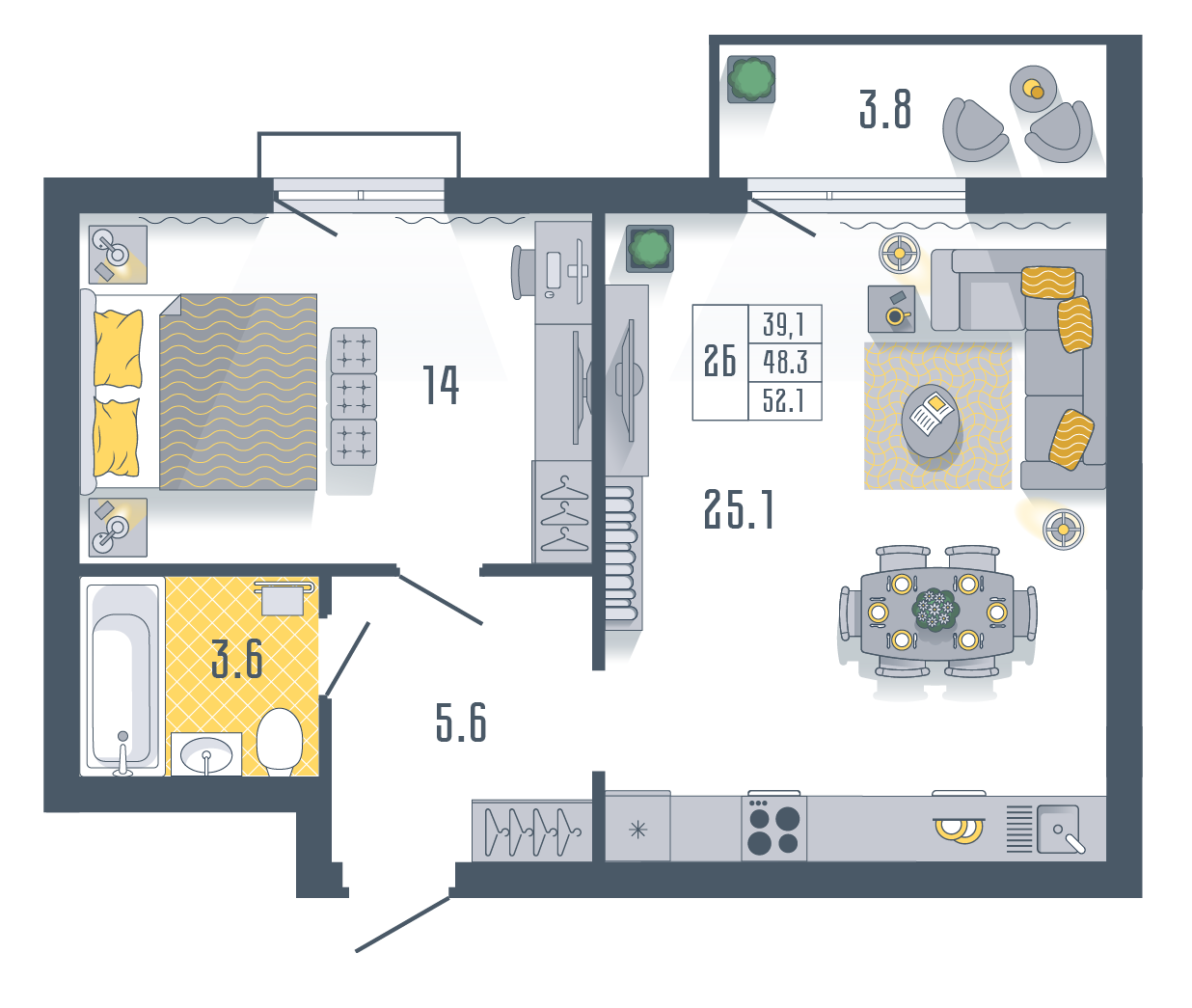 2-комнатная 52 м2 в ЖК Солнечный город корпус null этаж 11