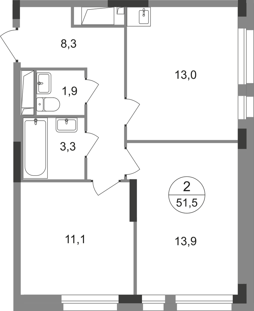 2-комнатная 51 м2 в ЖК Первый Московский корпус null этаж 4