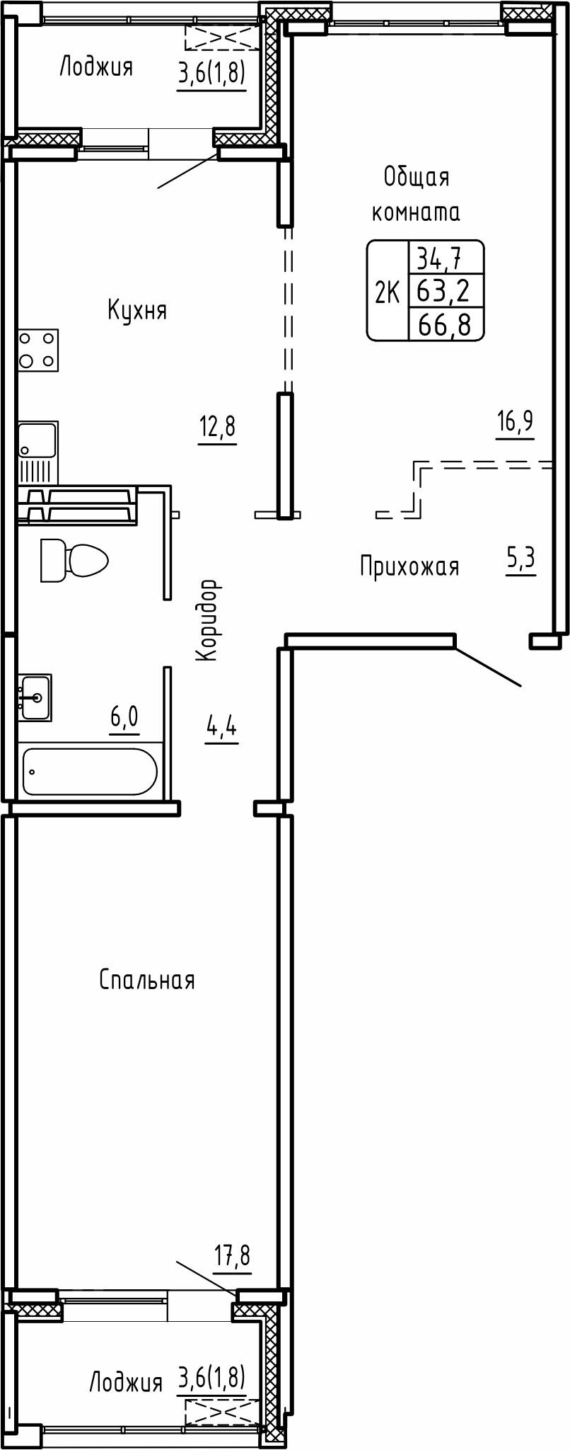 2-комнатная 66 м2 в ЖК Самоцветы корпус null этаж 9