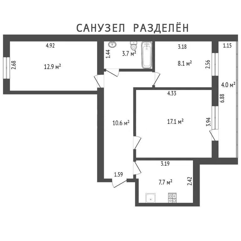 3-комнатная 61.3 м2 в ЖК undefined корпус null этаж 3