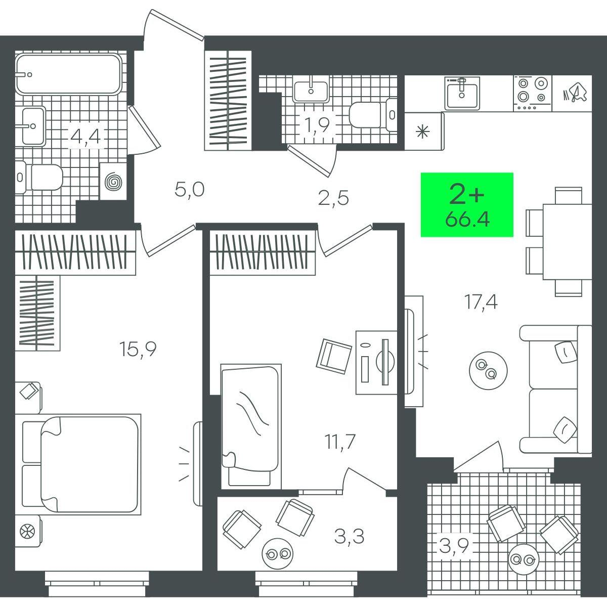 2-комнатная 66 м2 в ЖК Гранд Квартал корпус null этаж 17