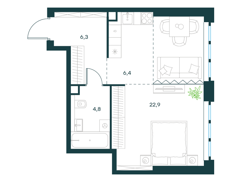 1-комнатная 40 м2 в ЖК Левел Южнопортовая корпус null этаж 25