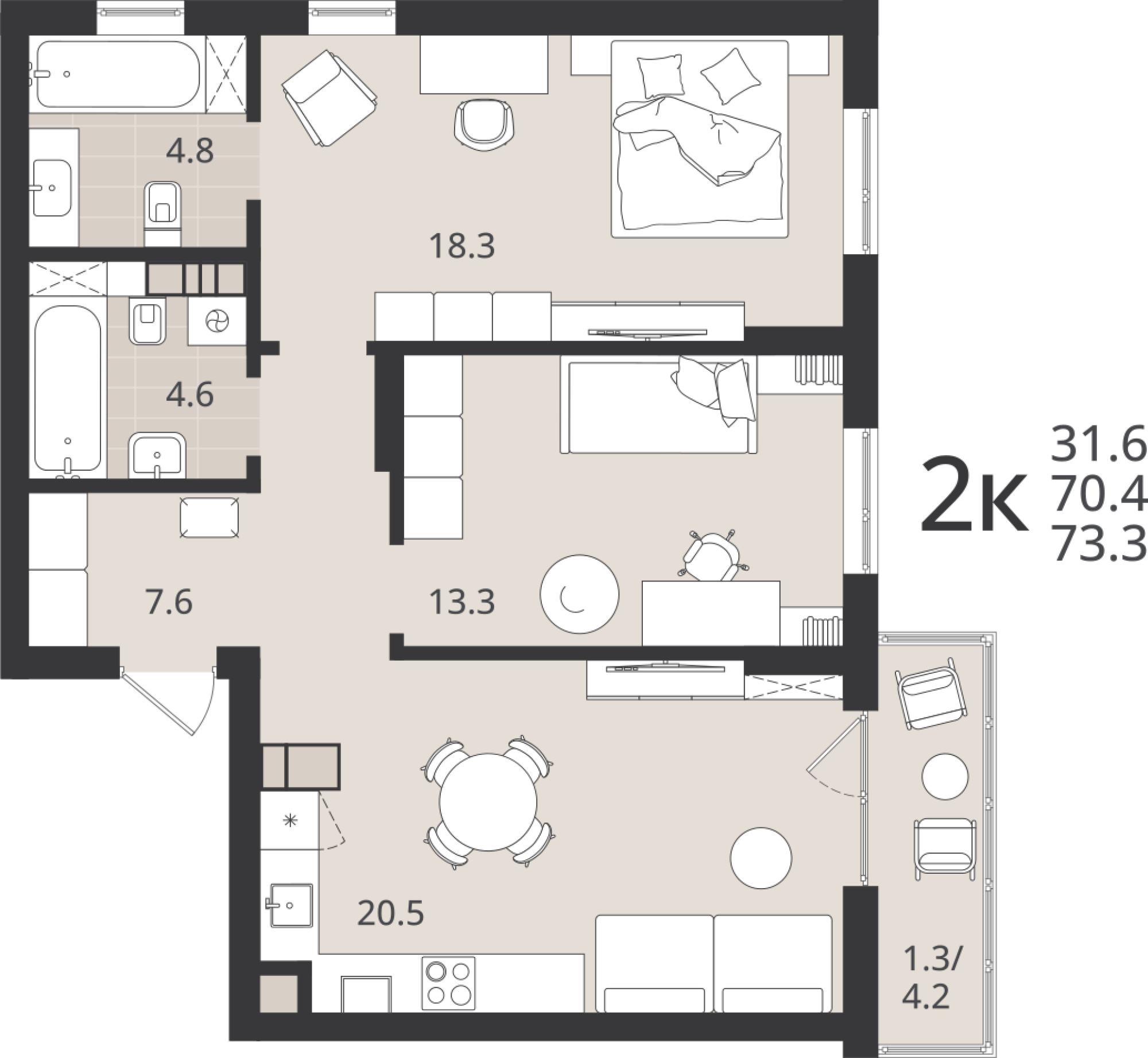 2-комнатная 70 м2 в ЖК Луччи корпус null этаж 2