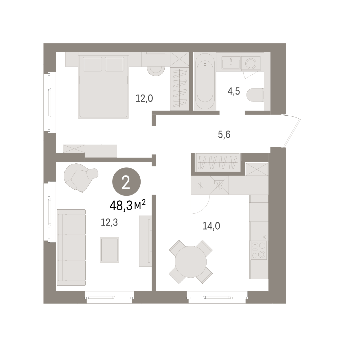2-комнатная 48 м2 в ЖК Брусника в Новоселье корпус null этаж 4