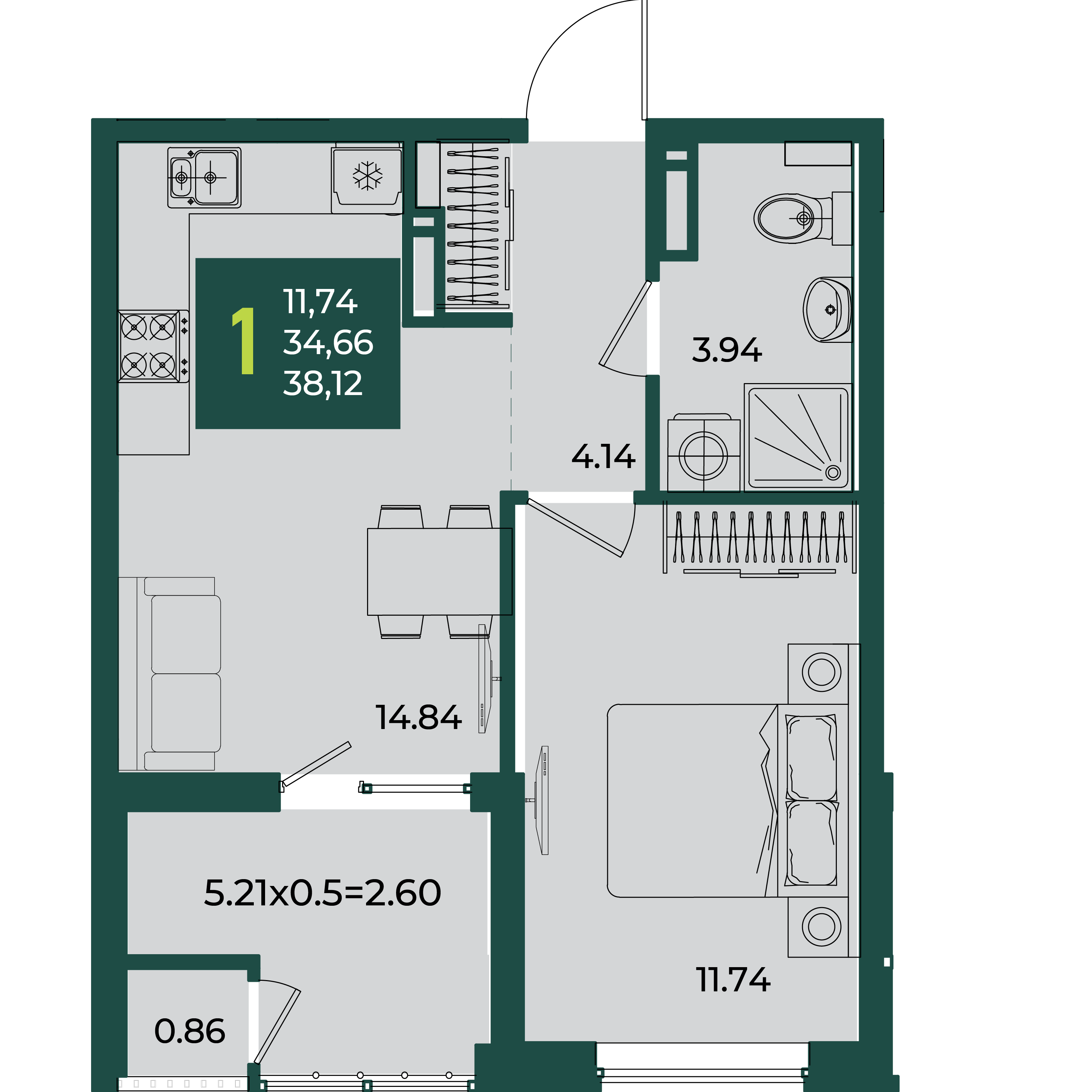 1-комнатная 38 м2 в ЖК Образцово корпус null этаж 16