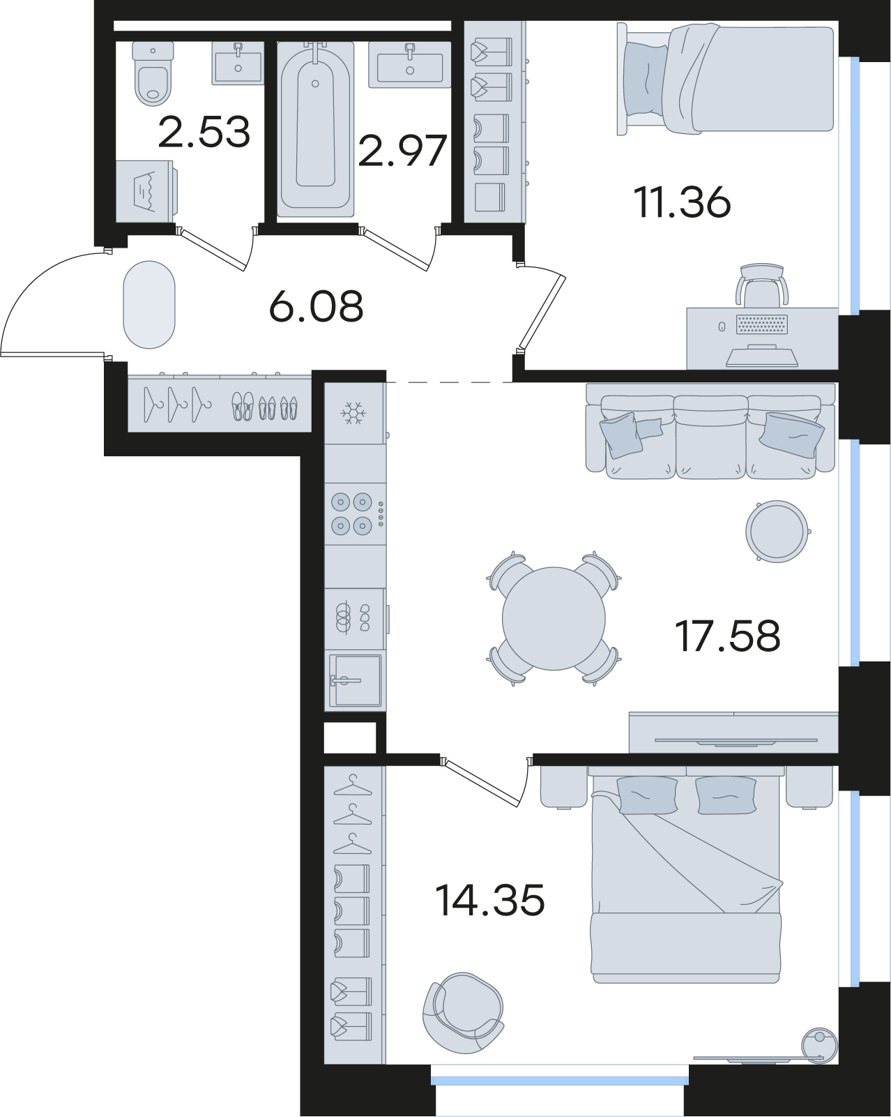 2-комнатная 54 м2 в ЖК GloraX Premium Гребной канал корпус null этаж 7