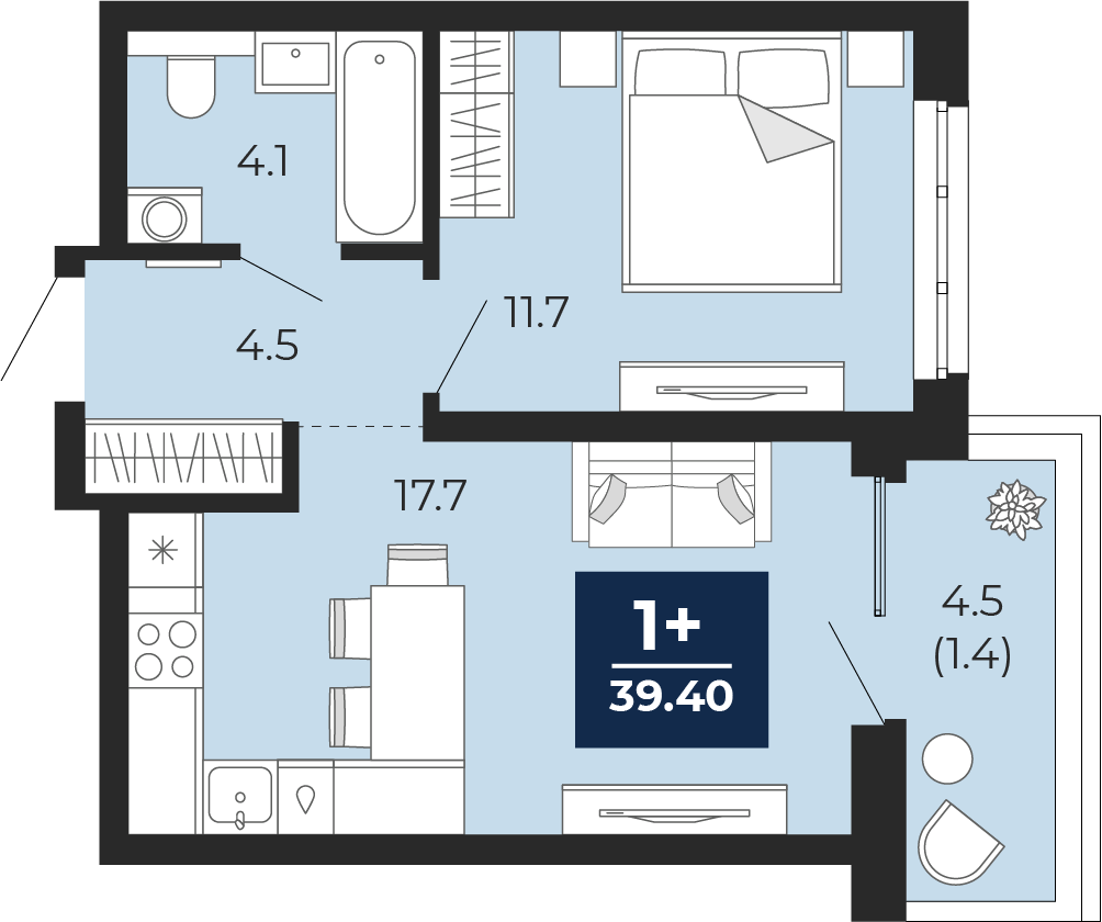 1-комнатная 38 м2 в ЖК Мириады корпус null этаж 12