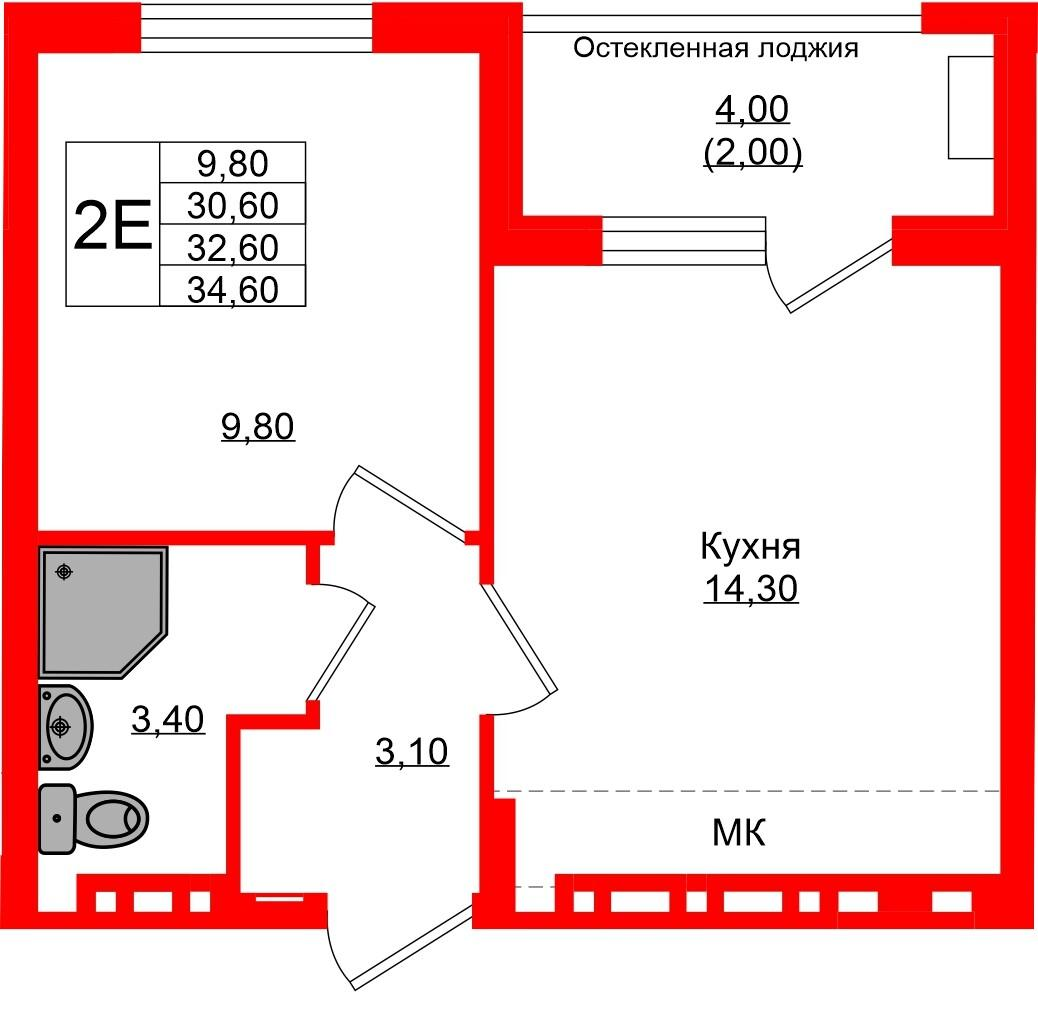 1-комнатная 32 м2 в ЖК Кроны и Волны корпус null этаж 3
