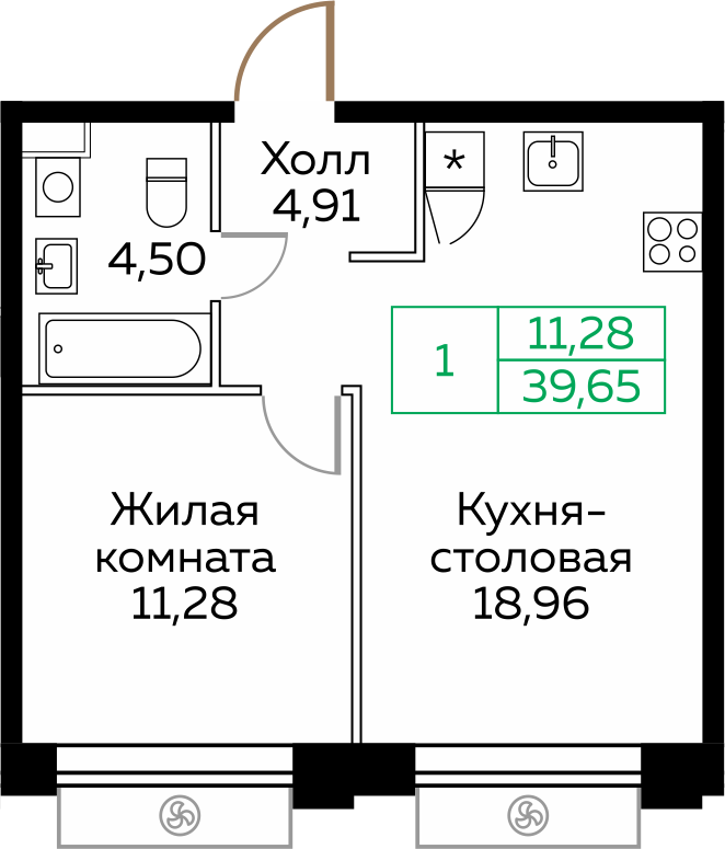 1-комнатная 39 м2 в ЖК Кит корпус null этаж 24
