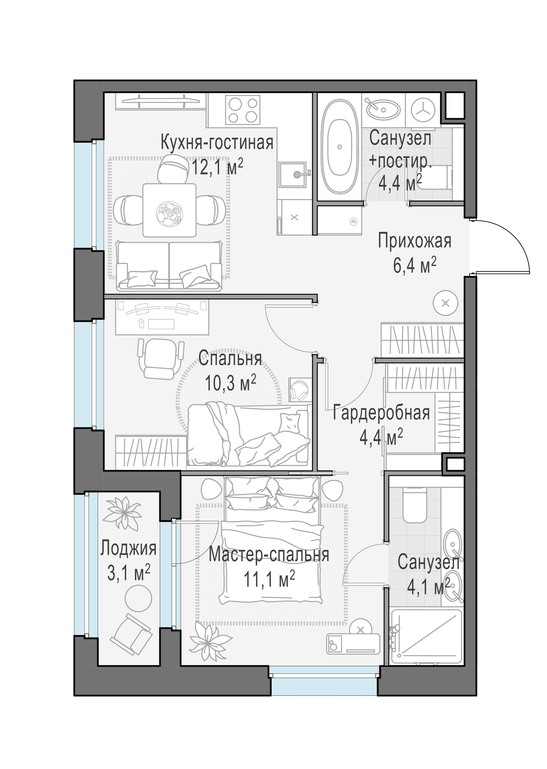 2-комнатная 54 м2 в ЖК Жилые кварталы «Белый Град» корпус null этаж 7