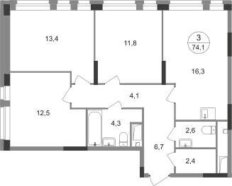 3-комнатная 74 м2 в ЖК Первый Московский корпус null этаж 13