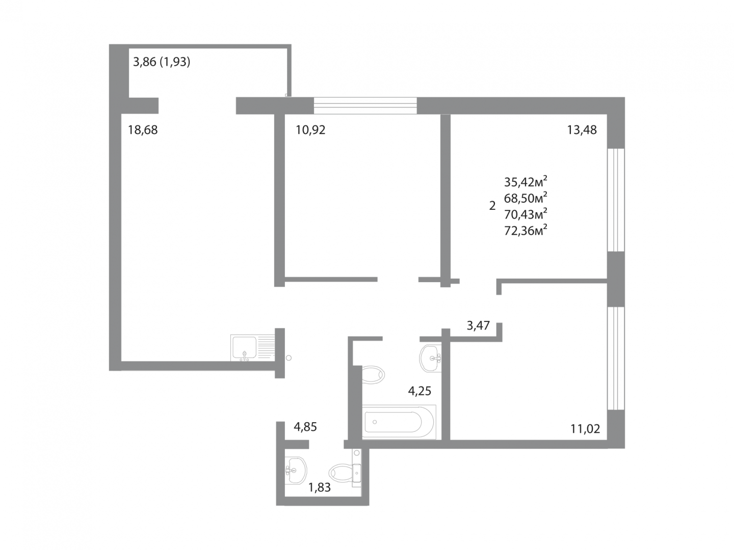 3-комнатная 70.4 м2 в ЖК undefined корпус null этаж 11